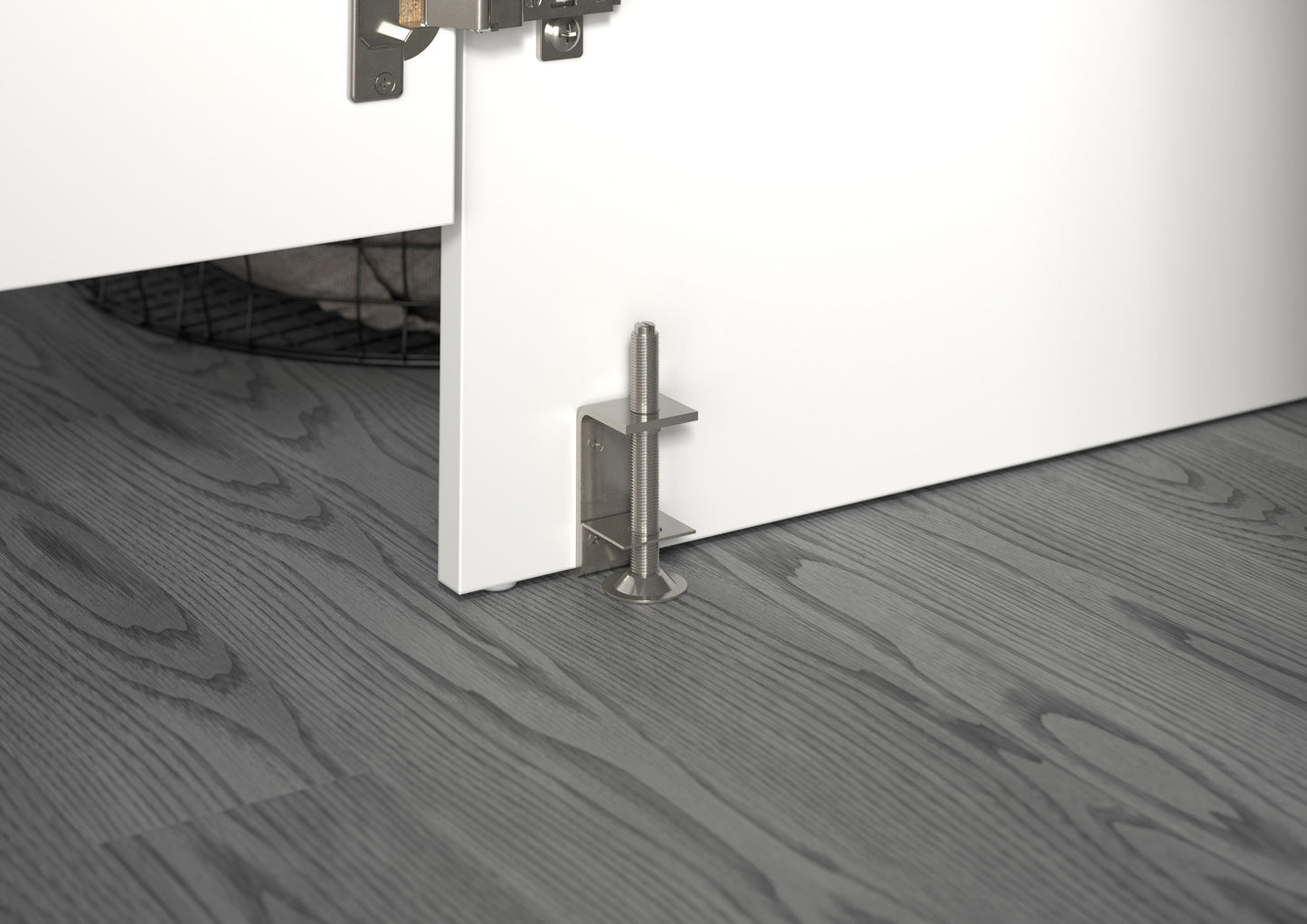 Seitenansicht unten: Sockel mit Metallhalterung und Standfuß am Waschmaschinenschrank.