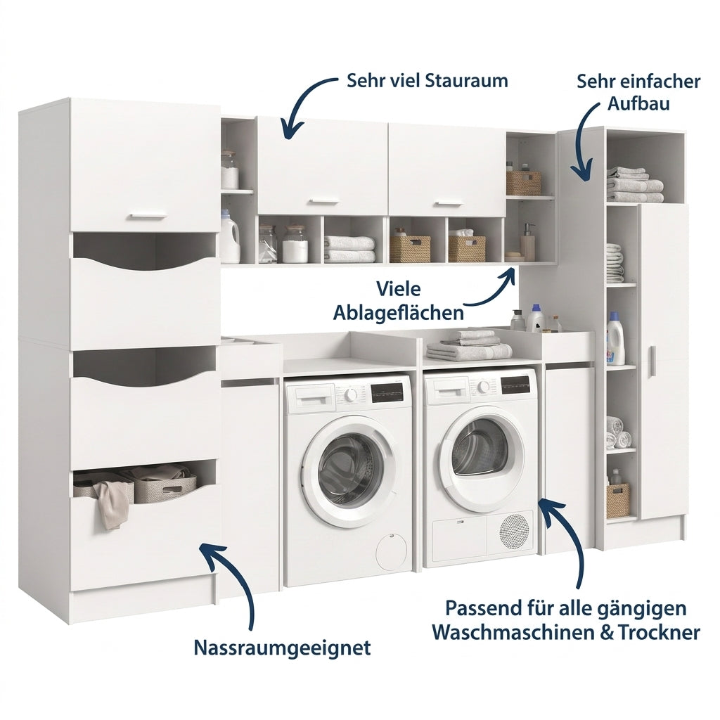 Waschmaschinenschrank-Set mit vielen Ablagefächern, passend für Waschmaschine und Trockner