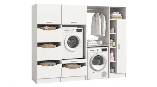 Homes & Jones Waschmaschinenschrank-Set (4-tlg.) in Weiß, offene Fächer und Türschränke