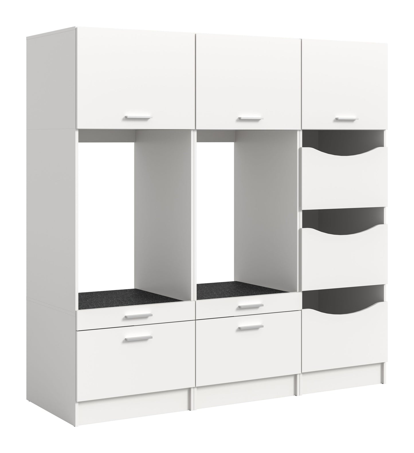 Waschmaschinenschrank-Set in Weiß mit 3 Fächern, Schubladen und grauen Wäscheboxen