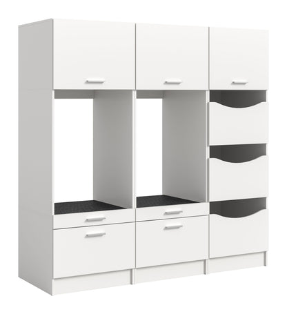 Waschmaschinenschrank-Set in Weiß mit 3 Fächern, Schubladen und grauen Wäscheboxen
