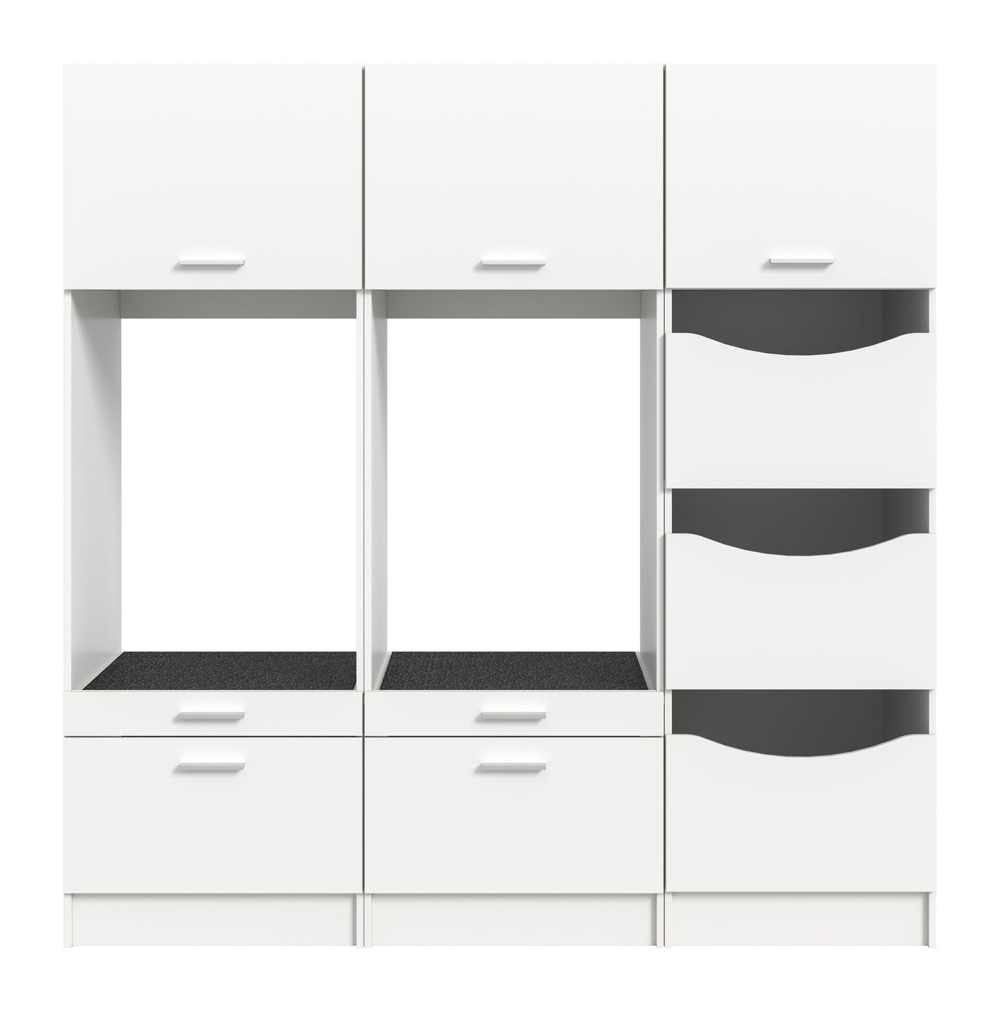 Waschmaschinenschrank-Set in Weiß mit mittlerem Fach, 3 grauen Wäscheboxen und Schubladen