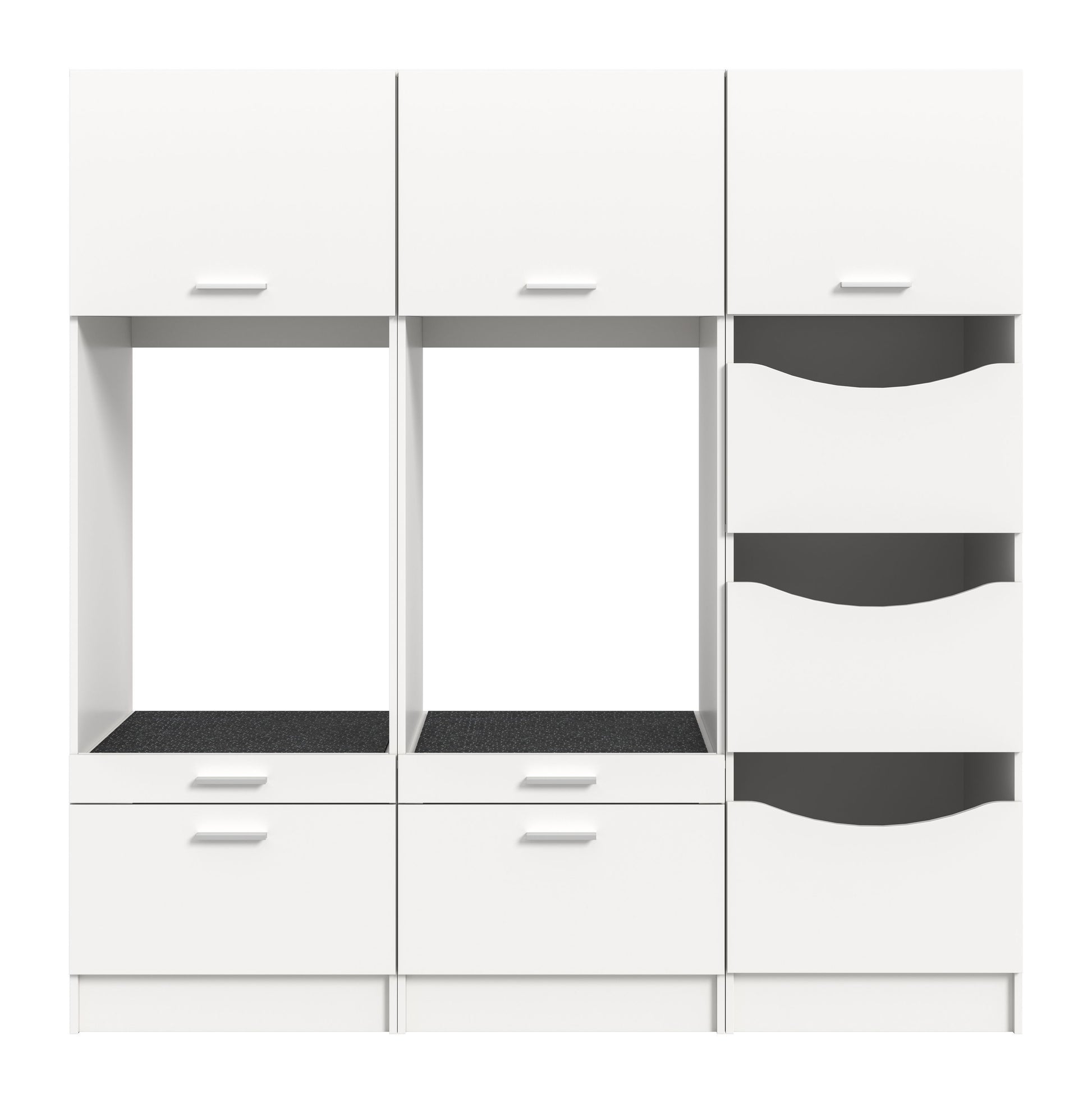 Waschmaschinenschrank-Set in Weiß mit mittlerem Fach, 3 grauen Wäscheboxen und Schubladen