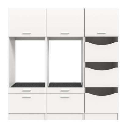 Waschmaschinenschrank-Set in Weiß mit mittlerem Fach, 3 grauen Wäscheboxen und Schubladen