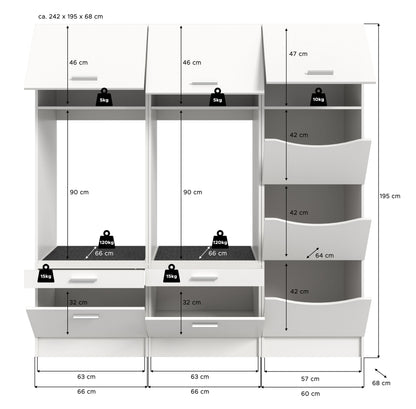 Waschmaschinenschrank-Set Maßskizze mit Fächern, Schubladen und Wäscheboxen, Maße verzeichnet