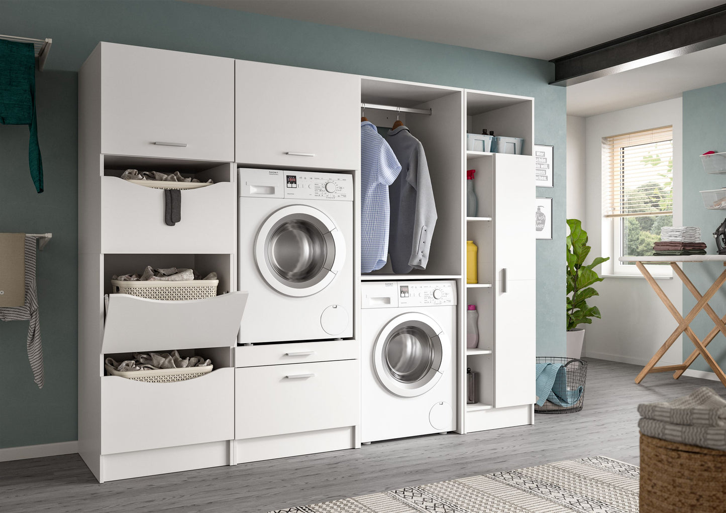 Waschmaschinenschrank-Set: weißes Schrankmöbel mit Waschmaschine, Klappfach und Wäscheboxen