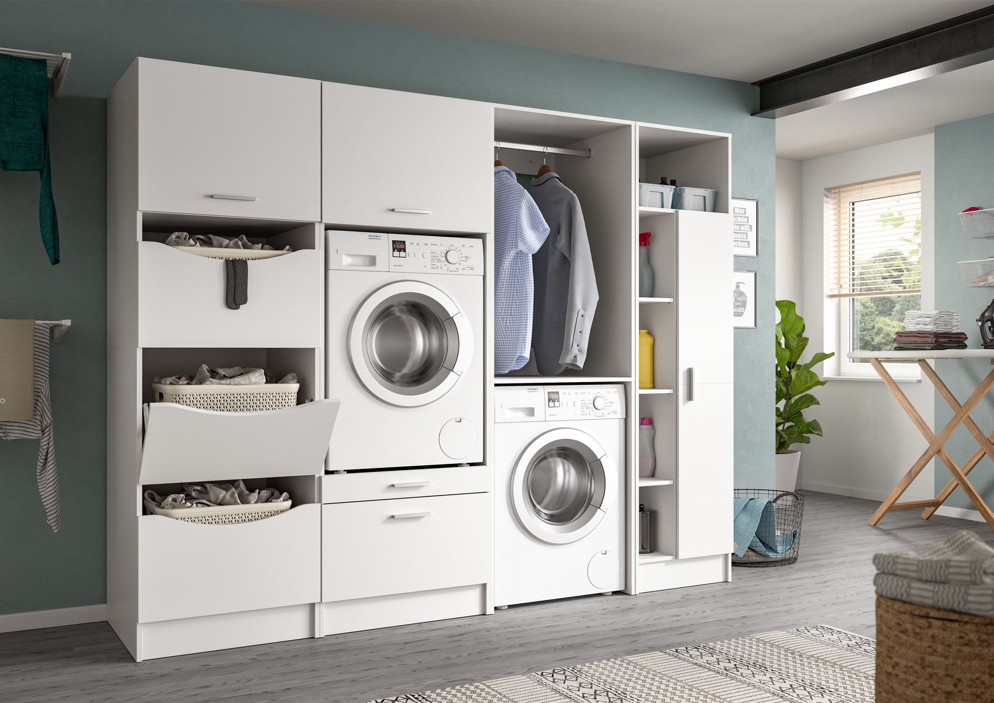 Waschmaschinenschrank-Set: weißes Schrankmöbel mit Waschmaschine, Klappfach und Wäscheboxen