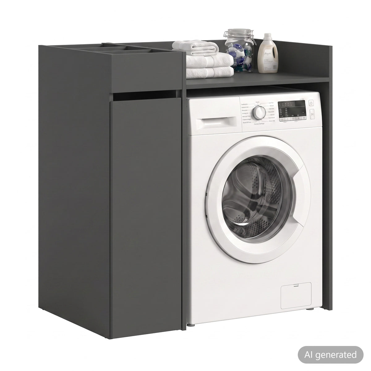 Waschmaschinenschrank mit Regal und Ablage, graues Untergestell, Fronttür, Aufstellfach für Maschine