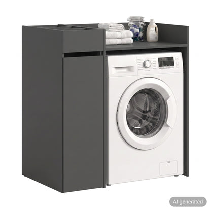 Waschmaschinenschrank mit Regal und Ablage, graues Untergestell, Fronttür, Aufstellfach für Maschine