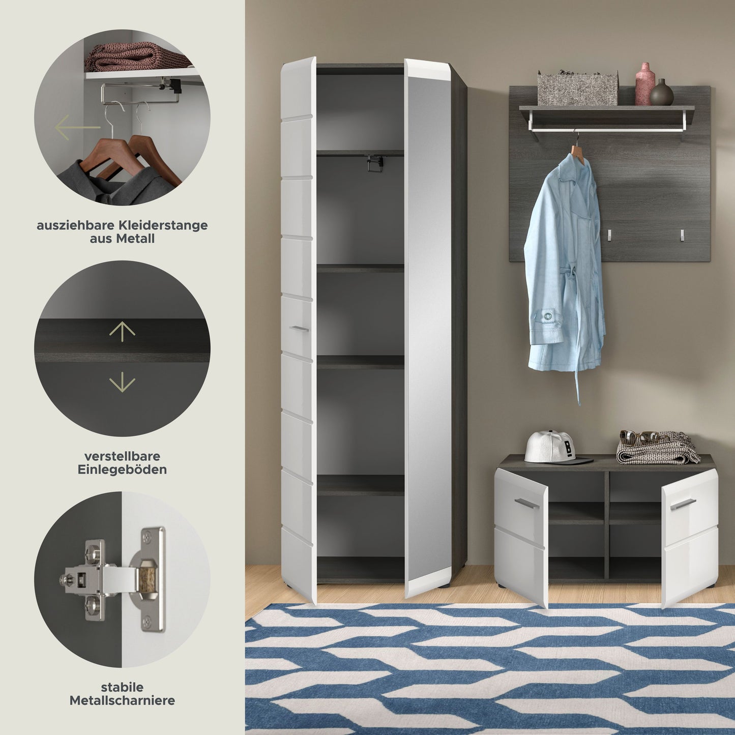 Homes & Jones Garderobenset 3 -tlg.,weiß Hochglanz Fronten, Flurmöbelset, Diele