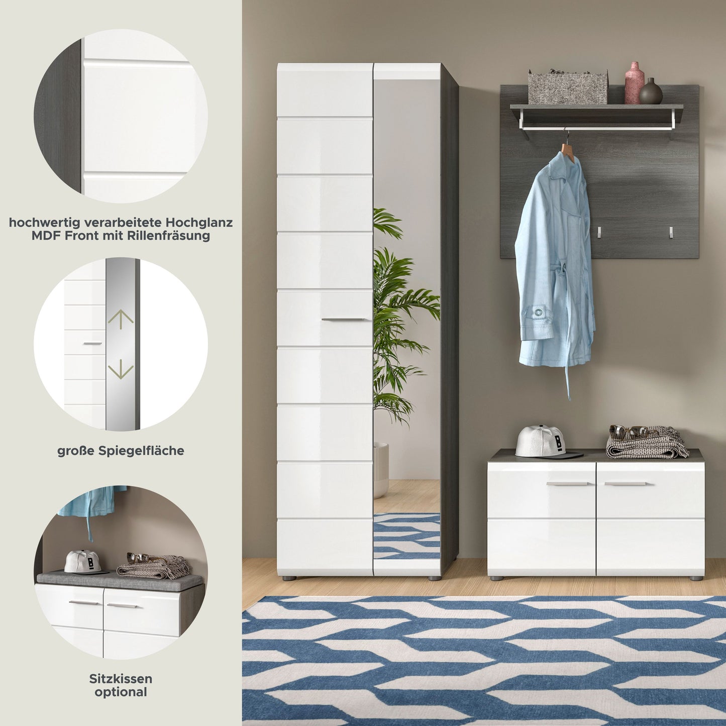 Homes & Jones Garderobenset 3 -tlg.,weiß Hochglanz Fronten, Flurmöbelset, Diele