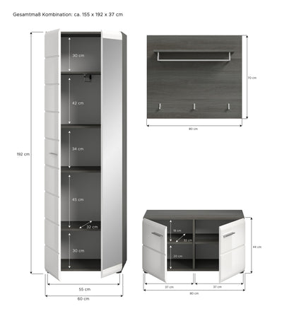 Homes & Jones Garderobenset 3 -tlg.,weiß Hochglanz Fronten, Flurmöbelset, Diele