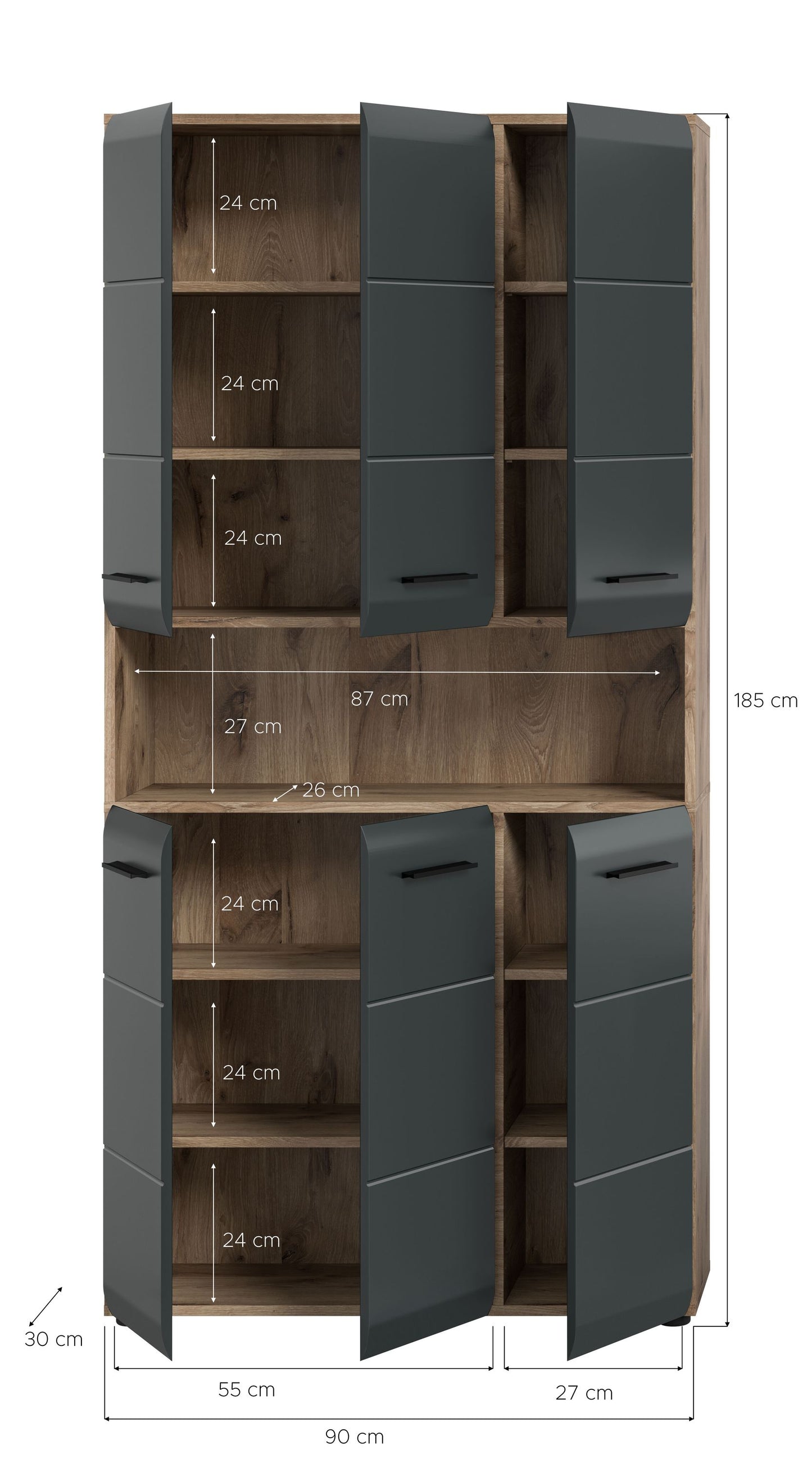 Meuble de rangement polyvalent ICE (L/H/P : env. 90/185/30 cm) en imitation chêne Nox/noir mat
