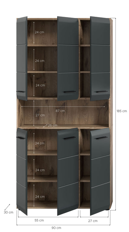 Meuble de rangement polyvalent ICE (L/H/P : env. 90/185/30 cm) en imitation chêne Nox/noir mat