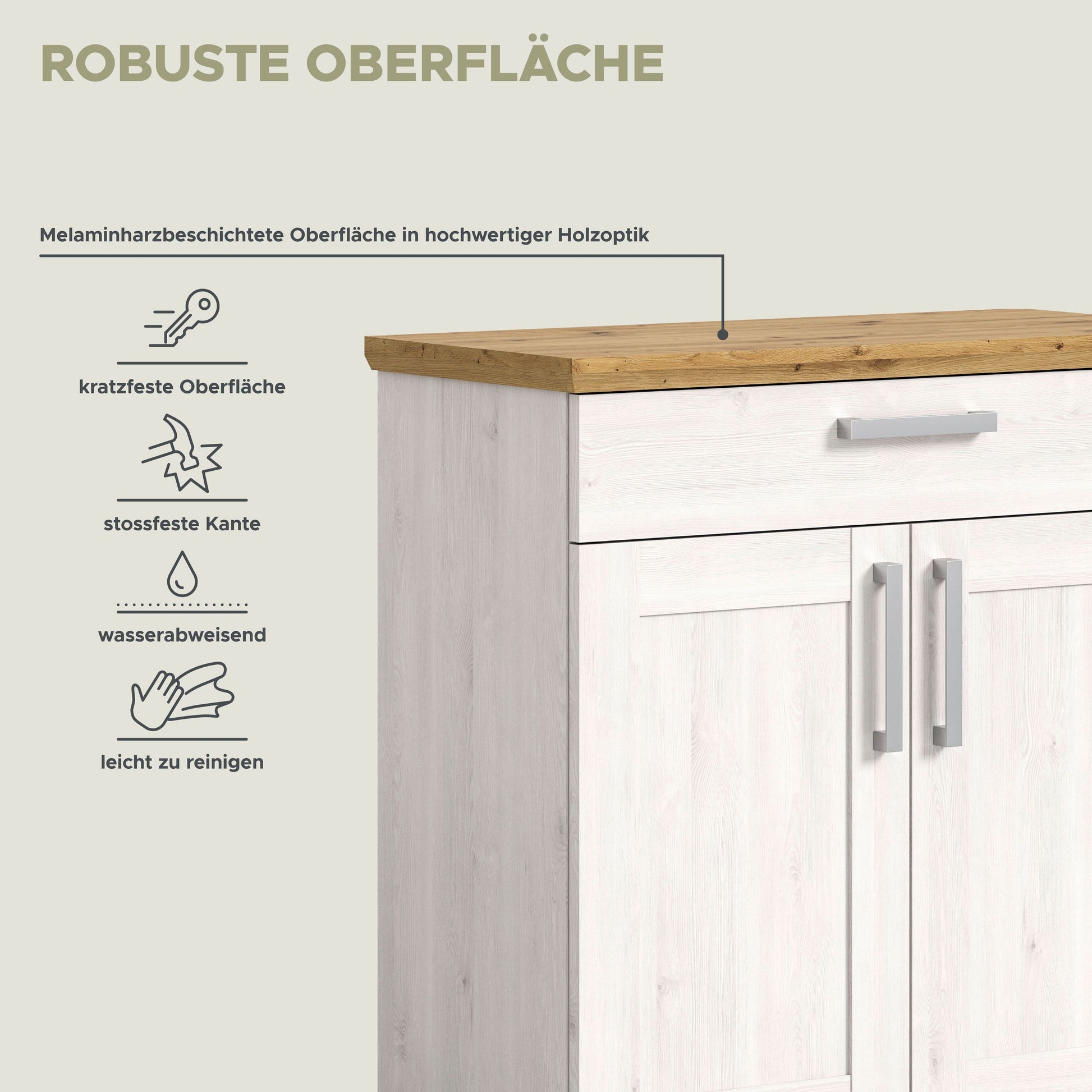 Schuhkommode mit melaminbeschichteter Oberfläche, pflegeleichte Front in Weiß und Holzoptik