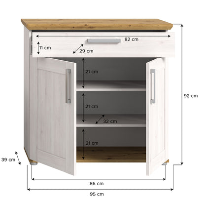 Schuhschrank im Landhausstil mit Schublade und zwei Türen, weiß-braune Holzoptik
