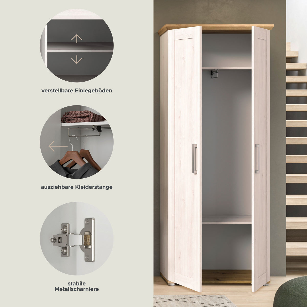 Homes & Jones Garderobenhochschrank offen, innen mit Schrankboden und Fachbereich