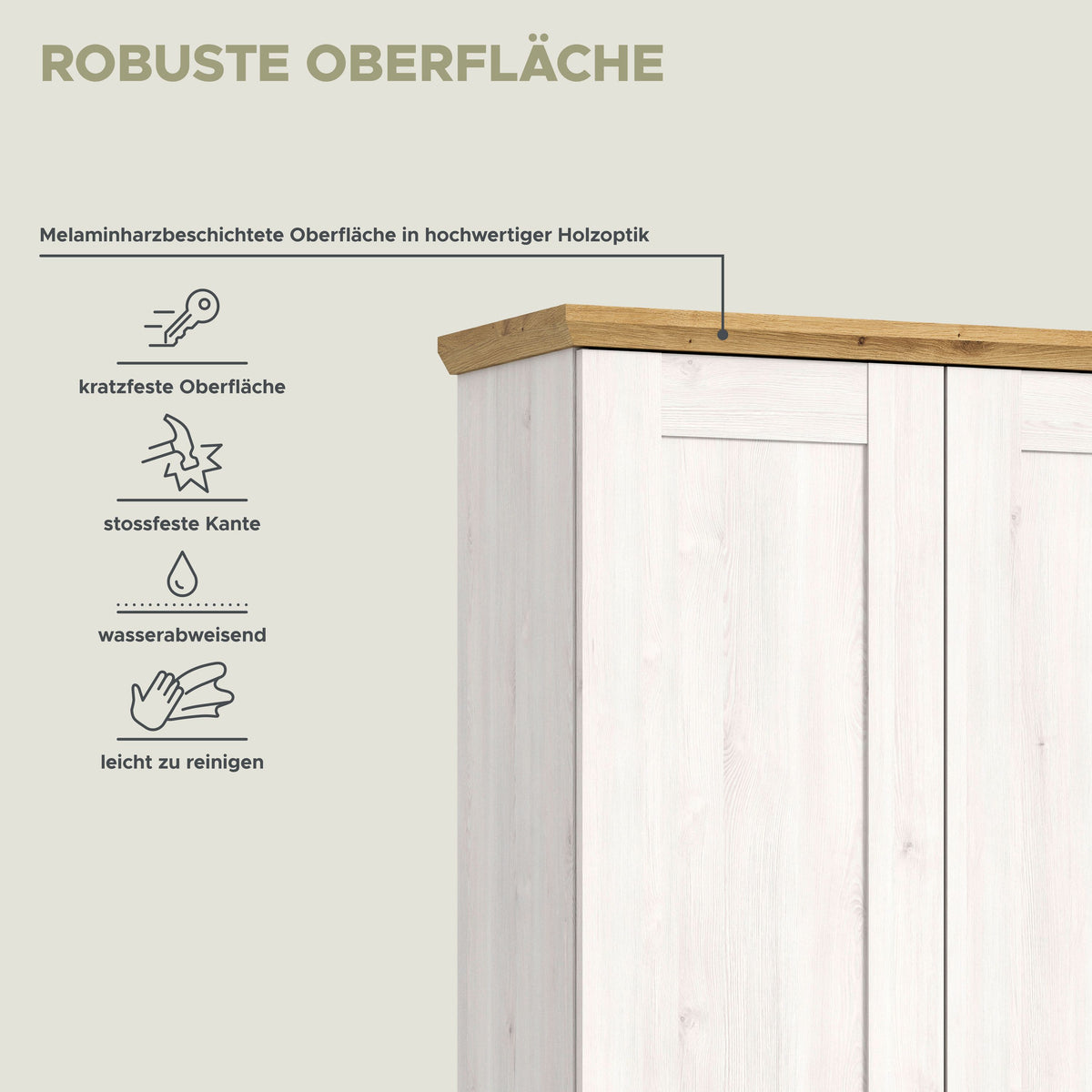 Homes & Jones Garderobenhochschrank mit Holzoberkante und heller Front mit Fugen