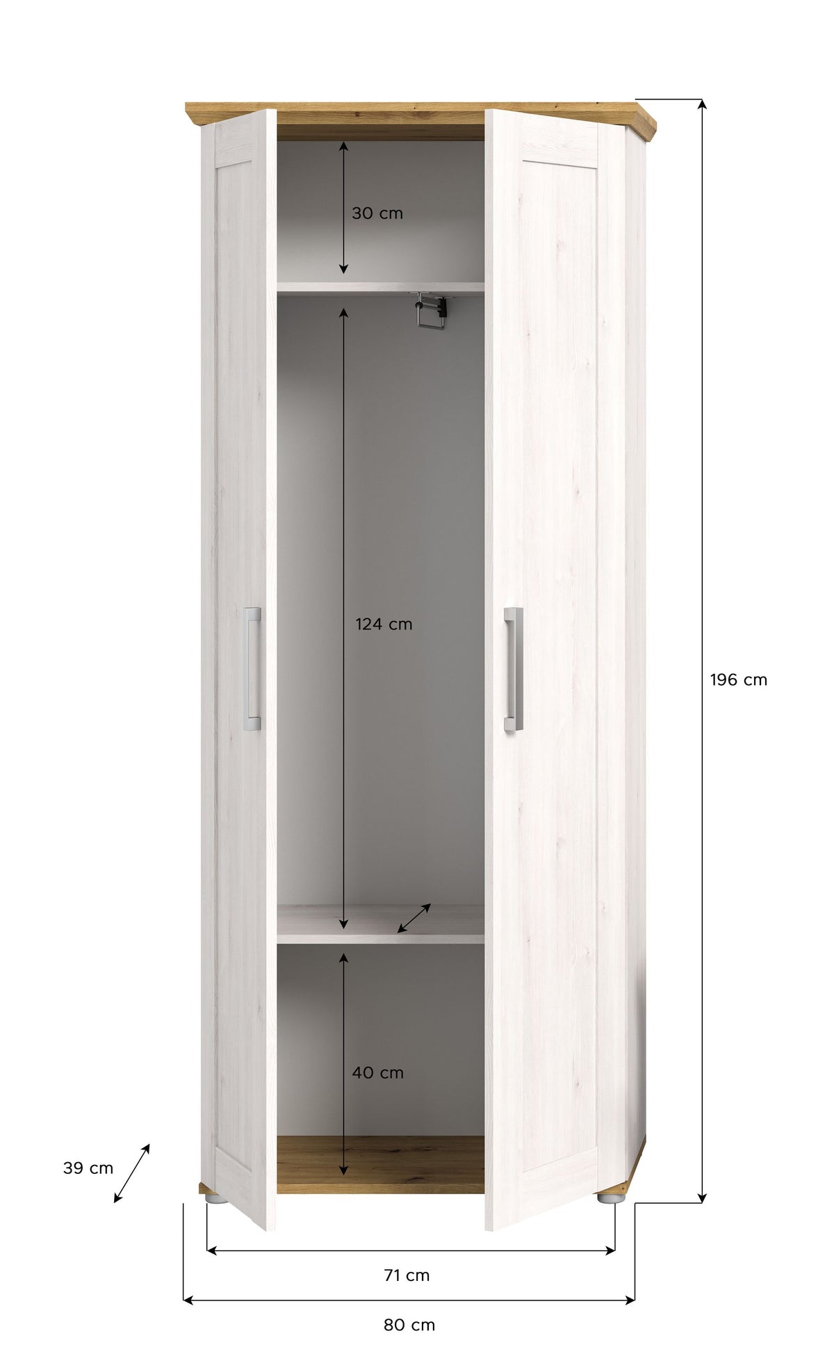 Garderobenschrank im Landhausstil mit offener Tür, Kleiderstange und Fächern, helles Holz