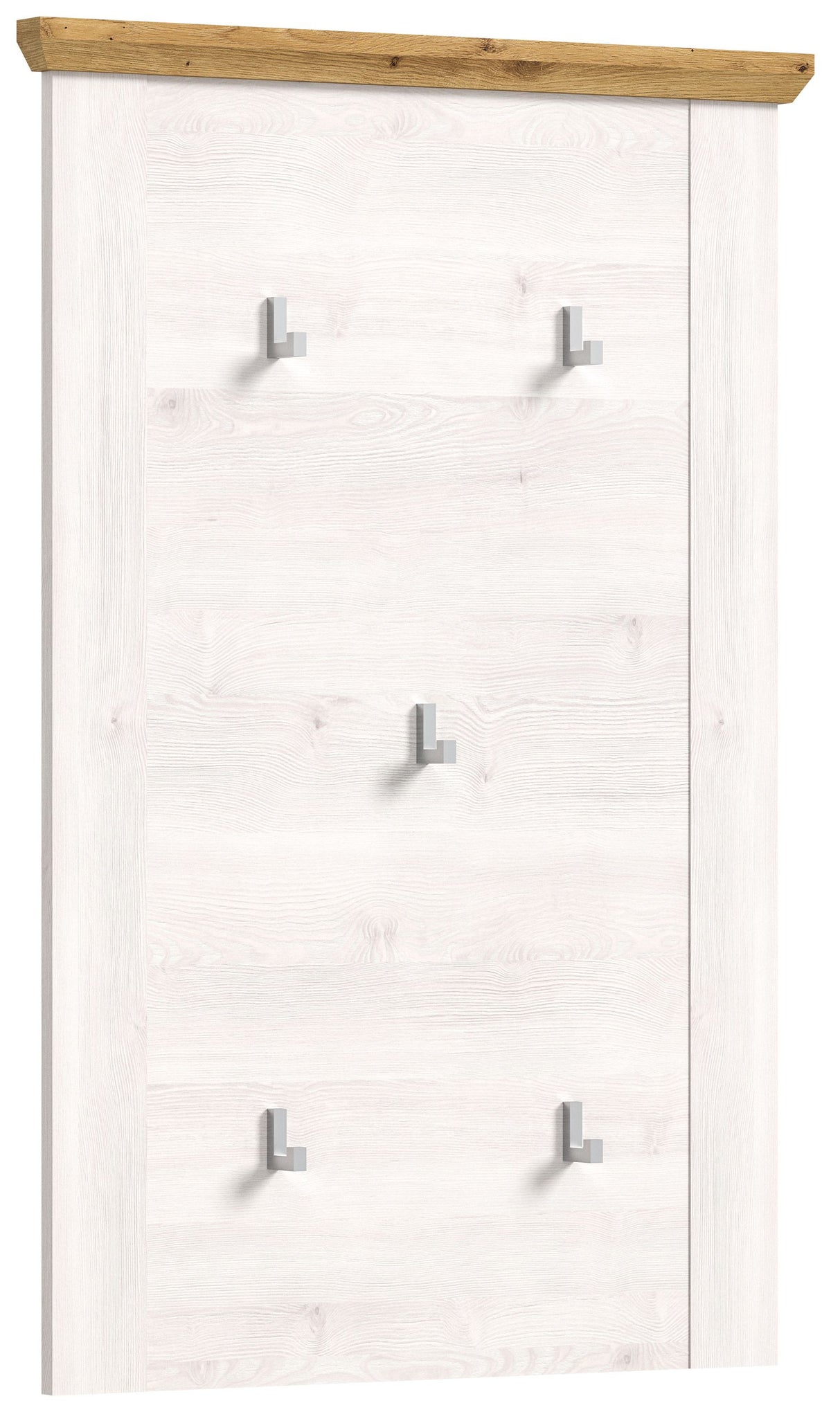 Garderobenpaneel im Landhausstil mit hellem Holzdekor, brauner Leiste und 5 Metallhaken.