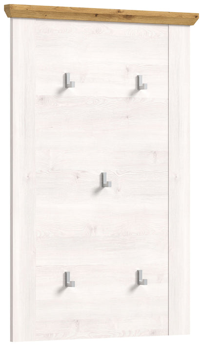 Garderobenpaneel im Landhausstil mit hellem Holzdekor, brauner Leiste und 5 Metallhaken.