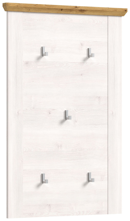 Garderobenpaneel im Landhausstil mit hellem Holzdekor, brauner Leiste und 5 Metallhaken.