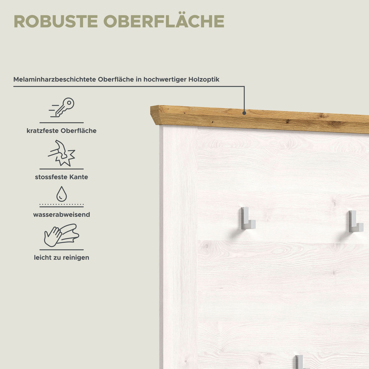 Garderobenpaneel mit brauner Holzoberkante und 5 Metallhaken auf weißem Holzdekor.