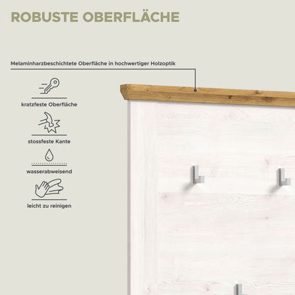 Garderobenpaneel mit brauner Holzoberkante und 5 Metallhaken auf weißem Holzdekor.