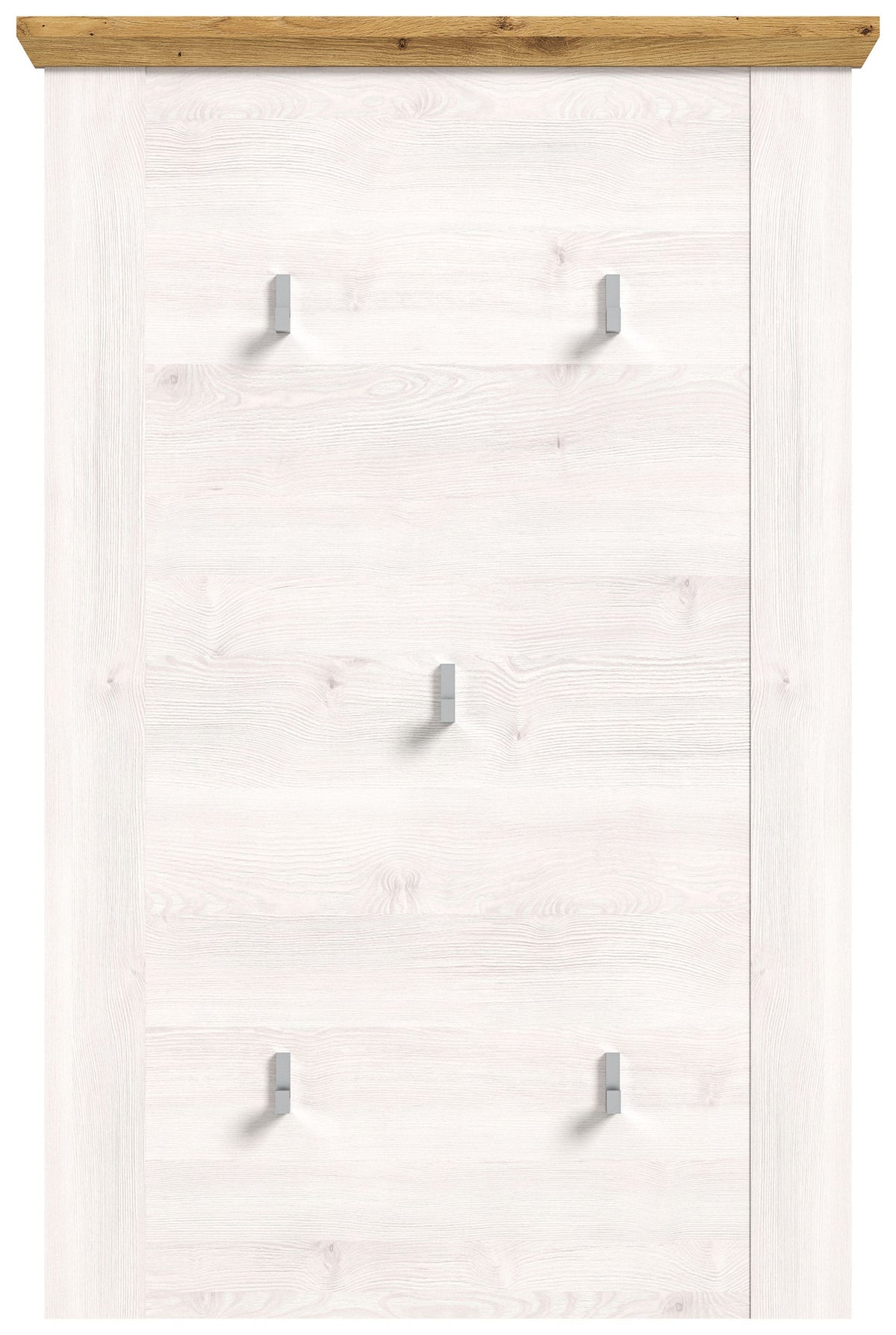 Garderobenpaneel mit 5 Metallhaken und weißem Holzdekor; braune Leiste oben.
