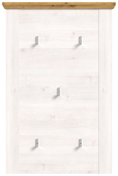 Garderobenpaneel mit 5 Metallhaken und weißem Holzdekor; braune Leiste oben.