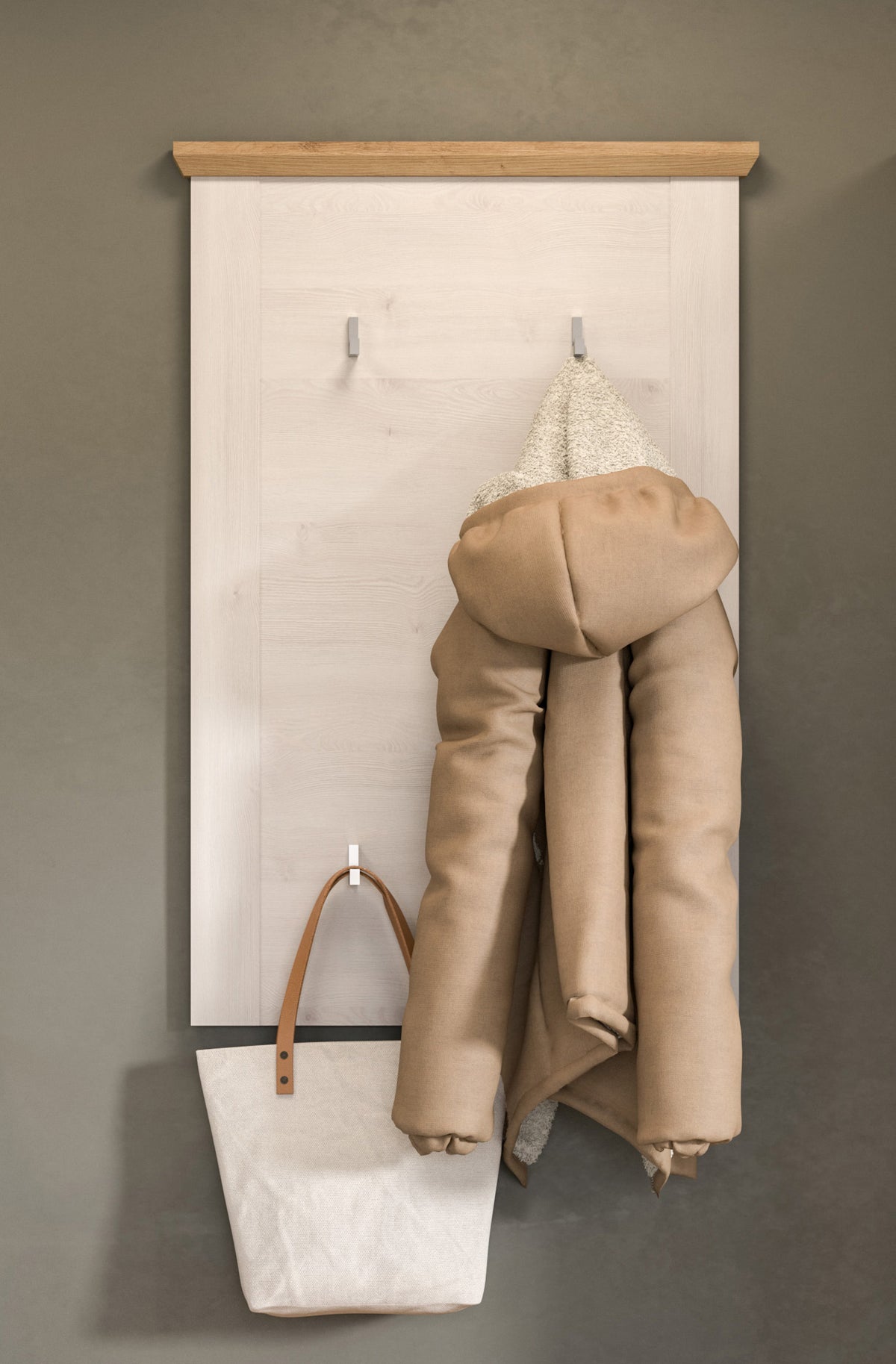 Garderobenpaneel mit 5 Metallhaken, weißem Holzdekor und brauner Oberkante; Jacke hängt dran.