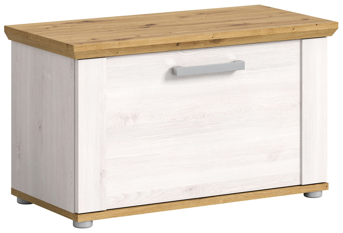 Garderobensitzbank mit Schublade und breitem Griff, helle Holz-Sitzfläche, klare Kanten