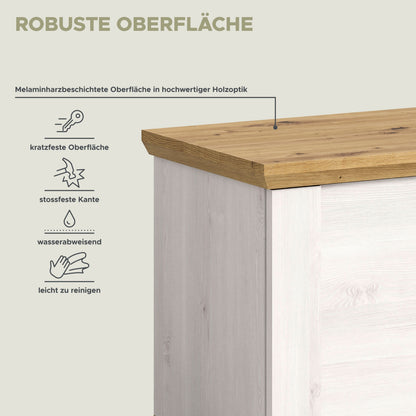 Garderobensitzbank mit robuster Holz-Sitzfläche und weißem Korpus, Seitenansicht