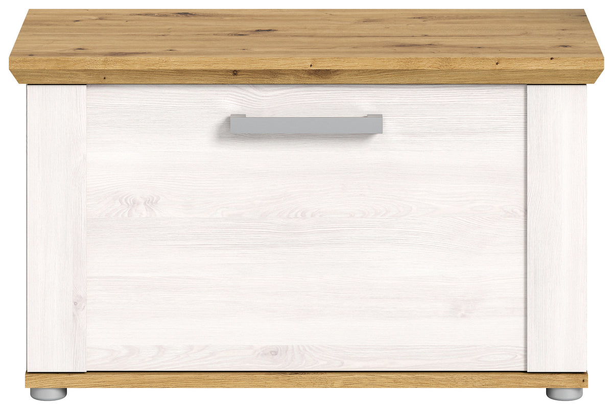 Garderobensitzbank mit geschlossener Schublade, breiter Griff, weiße Front, helle Holzplatte