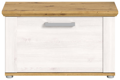 Garderobensitzbank mit geschlossener Schublade, breiter Griff, weiße Front, helle Holzplatte