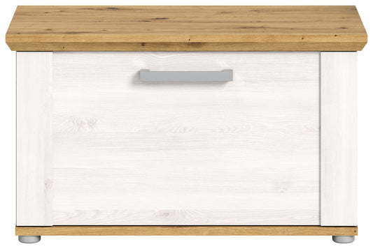 Garderobensitzbank mit geschlossener Schublade, breiter Griff, weiße Front, helle Holzplatte