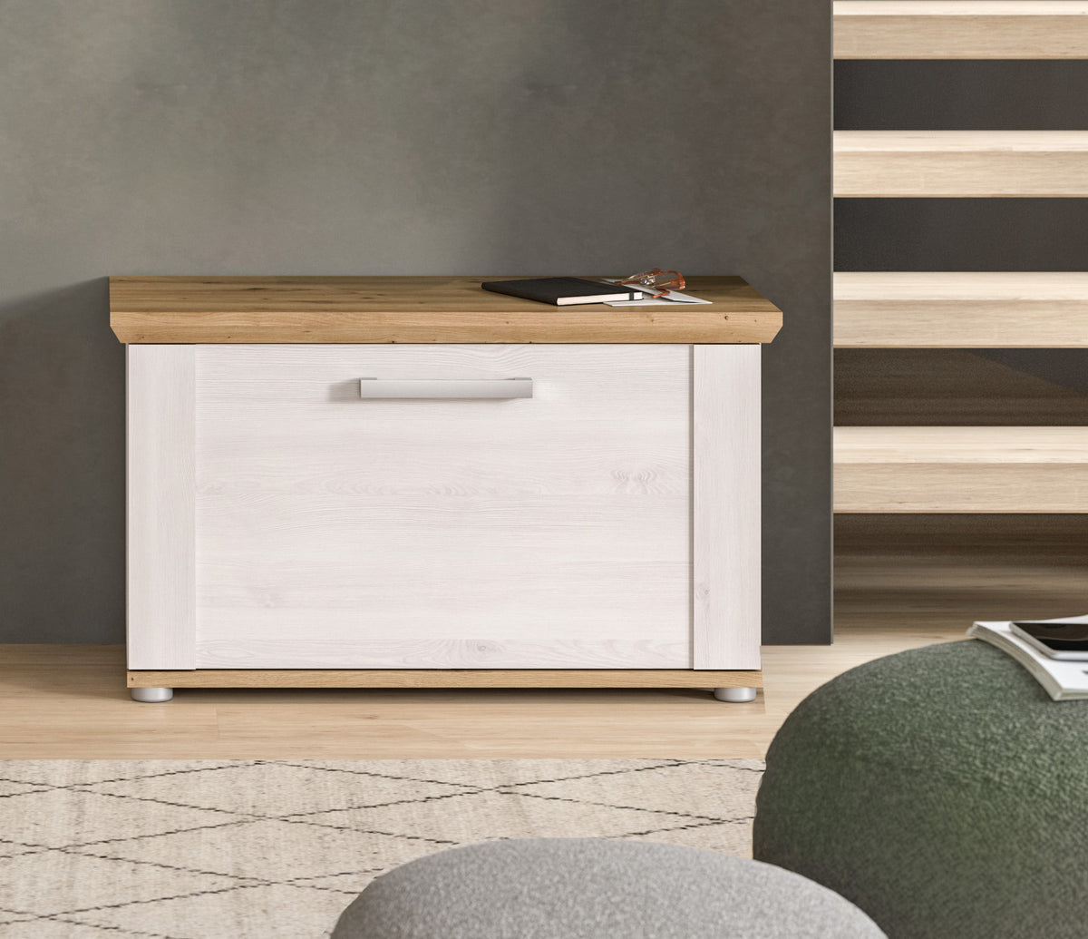 Garderobensitzbank mit Schuhschrank, weiße Front, Sitzfläche aus hellem Holz, Schublade