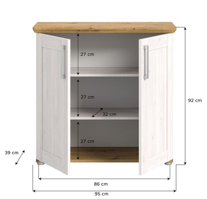 Garderobenkommode mit Maßangaben, zwei Türen, Holzplatte, weißes Design und Metallfüße