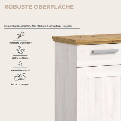 Garderobenkommode mit Schuhschrank: Seitenansicht mit Holzoberplatte und robustem weißem Korpus