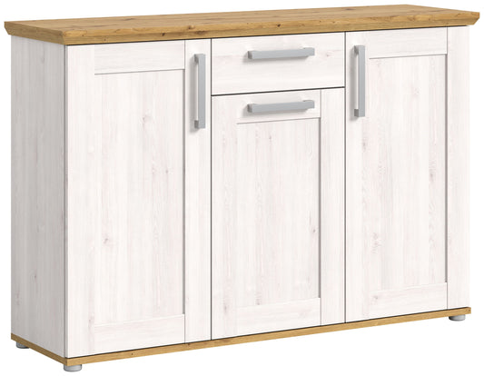 Garderobenkommode im Landhausstil, weiß mit Holzplatte, zwei Türen und Schublade