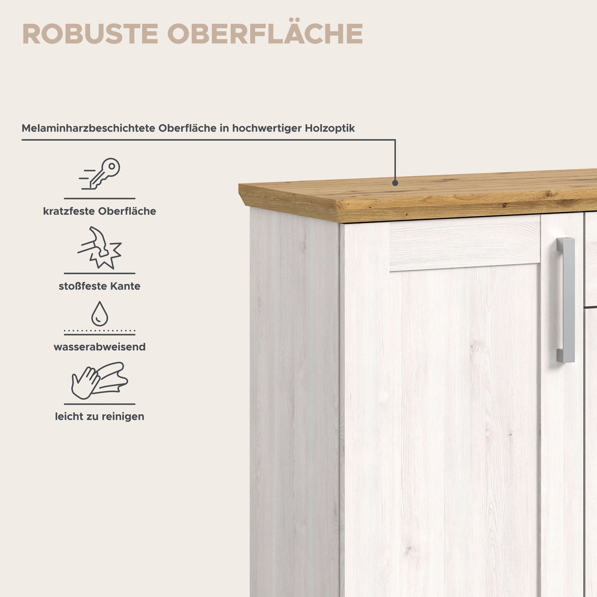 Garderobenkommode seitliche Tür mit Griff, weiß mit Holzplatte, robuste Optik
