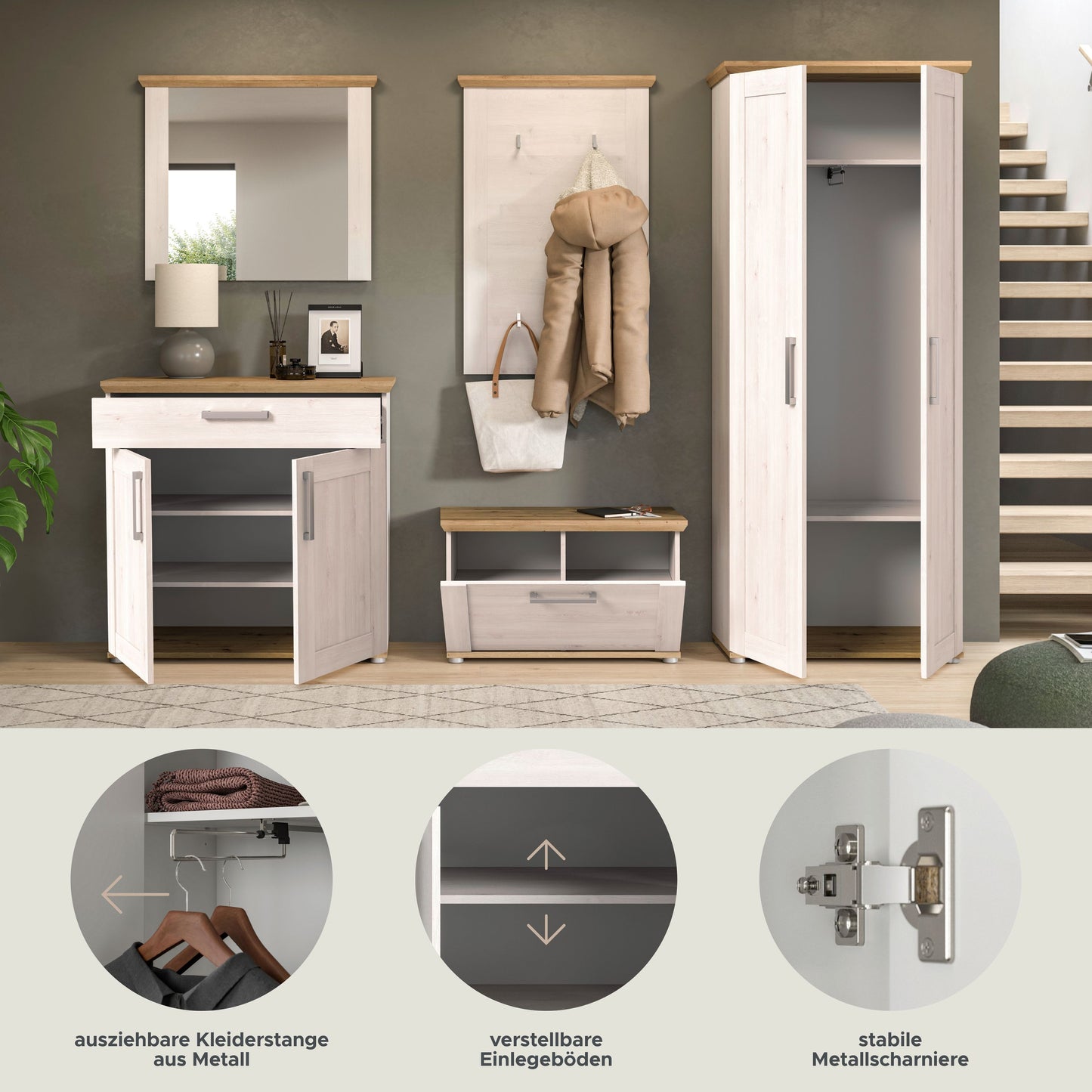 Homes & Jones Garderobe 5tlg. Set Garderobenkombination im Landhausstil