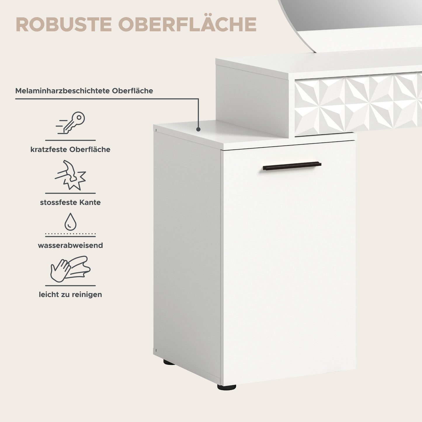 Schminktisch mit Rundspiegel, weißer Korpus mit goldfarbener Front und breitem Griff