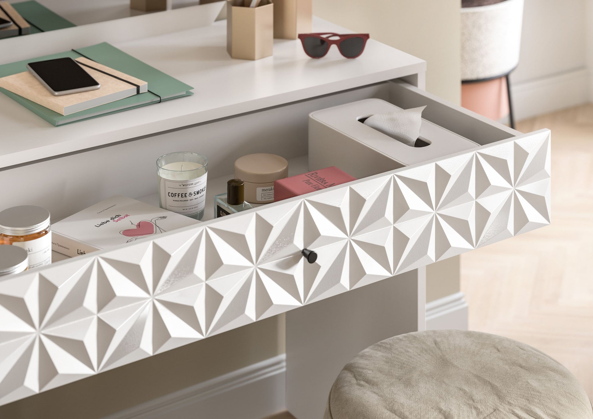 Homes & Jones Schminktisch mit Spiegel, weiß, Prismenfront und Ablage mit Kosmetik