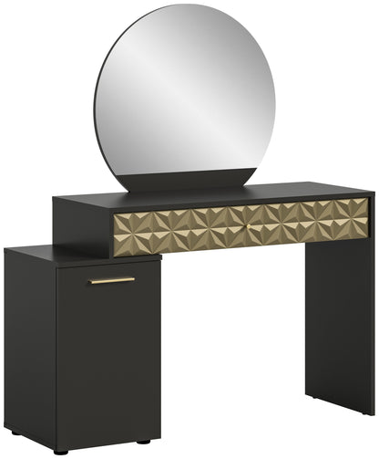 Schminktisch mit Rundspiegel, schwarzer Korpus mit goldfarbener Front und Schublade