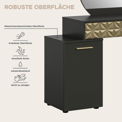 Schminktisch mit Rundspiegel, schwarzer Korpus mit goldfarbener, strukturierter Front