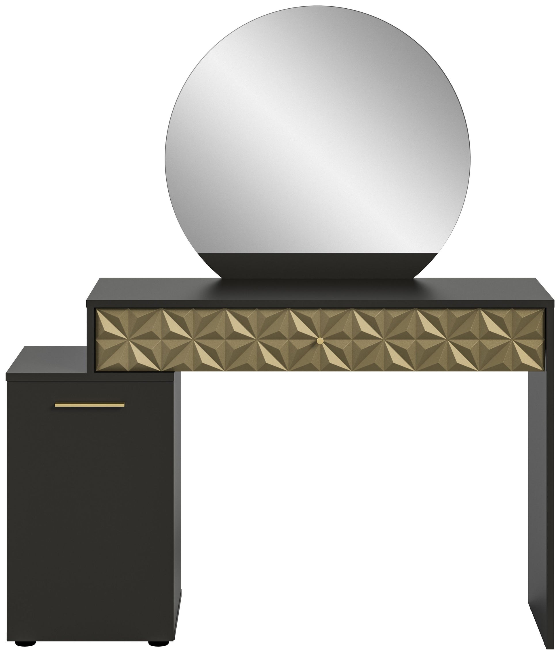 Schminktisch mit Rundspiegel, schwarze Schublade mit Griff, goldfarbene Frontplatte