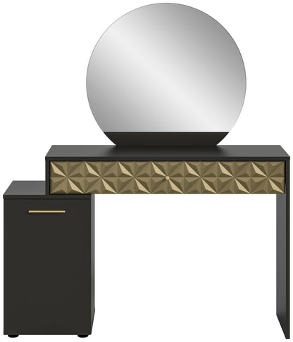 Schminktisch mit Rundspiegel, schwarze Schublade mit Griff, goldfarbene Frontplatte