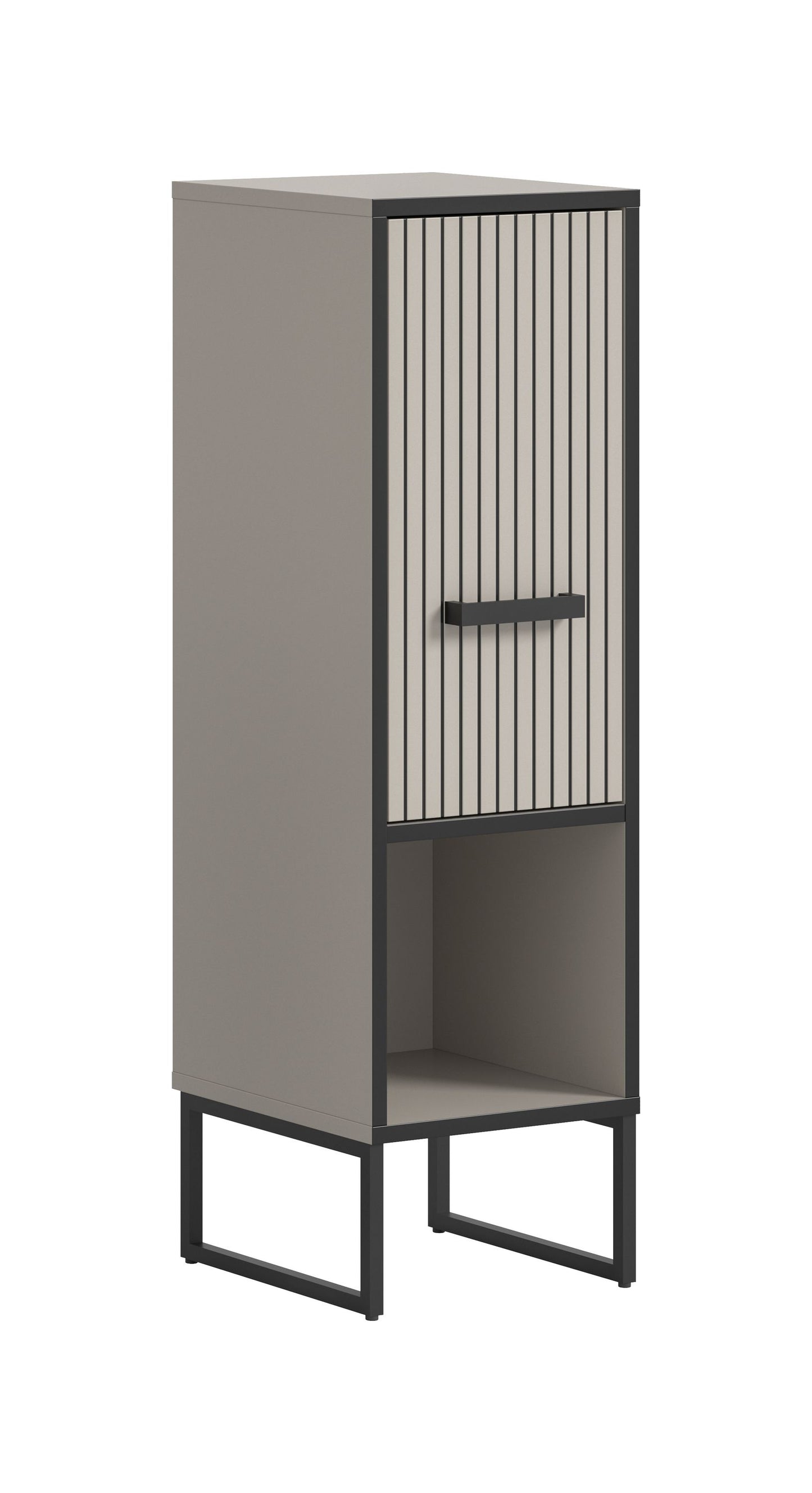 Schmaler Badezimmerschrank mit offener Ablage und geriffelter Front, Griff
