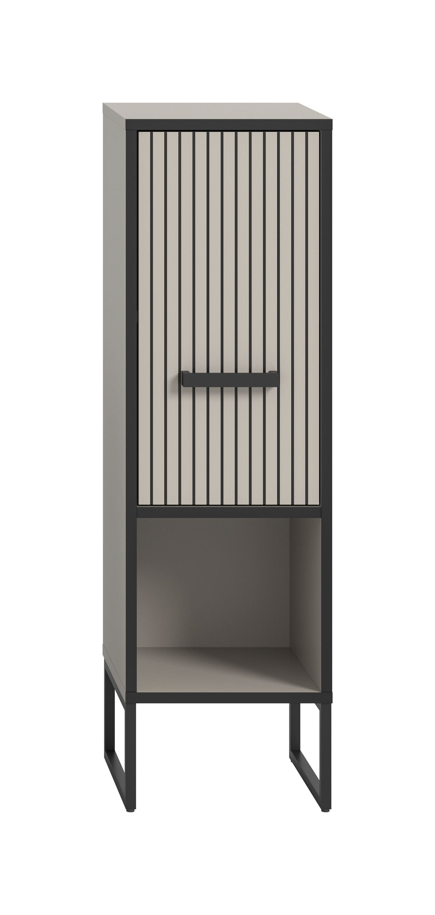 Schmaler Badezimmerschrank mit geriffelter Front und Griff, untere Ablage